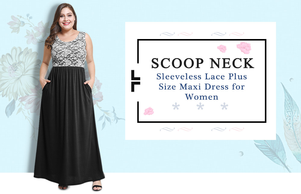 Scoop Neck Sleeveless Spliced Lace Pocket Plus Size Women Maxi Dress