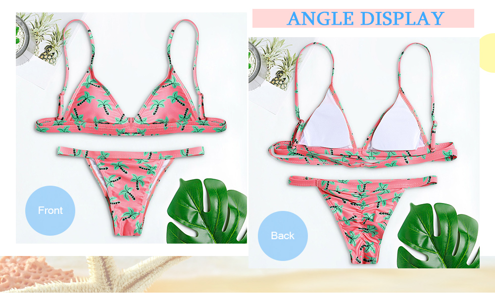 Spaghetti Strap Padded Backless Tree Print Low Waist Women Bikini Set