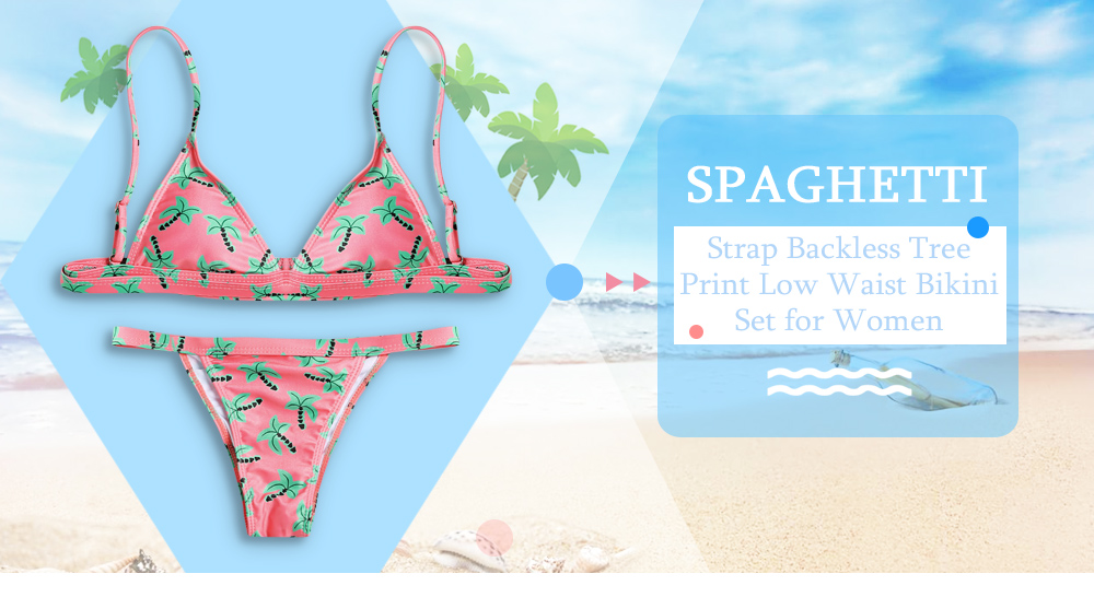 Spaghetti Strap Padded Backless Tree Print Low Waist Women Bikini Set
