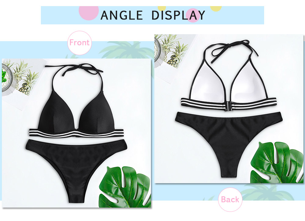 Halter Neck Backless Padded Stripe Low Waist Women Bikini Set