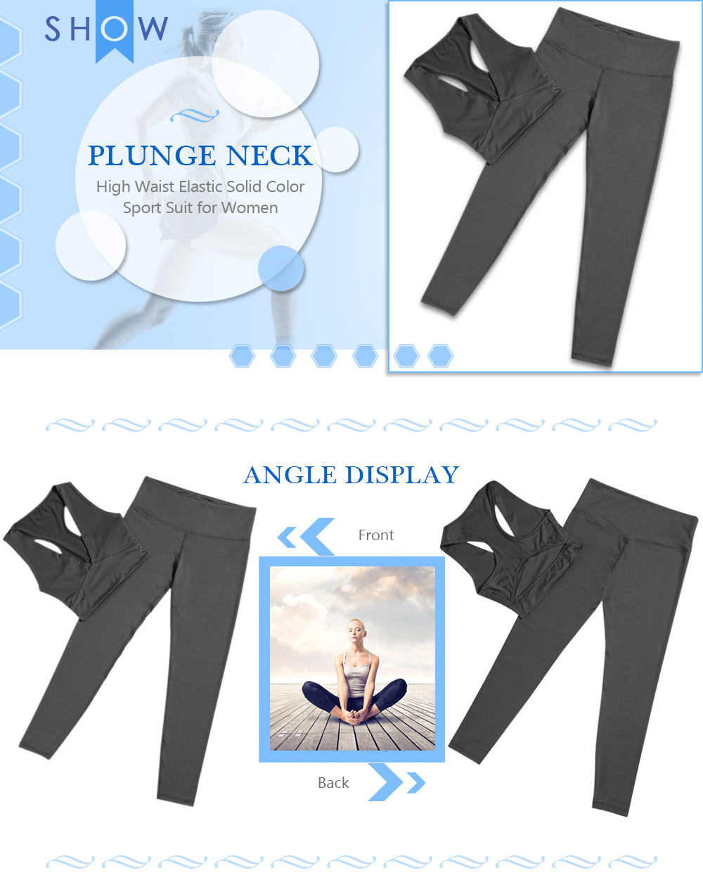 Plunge Neck Crop Top High Waist Long Pant Elastic Solid Color Women Sports Suit