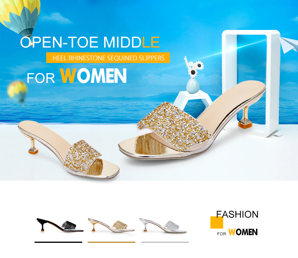 Open-toe Middle Kitten Heel Rhinestone Sequined Sandals Slippers for Women