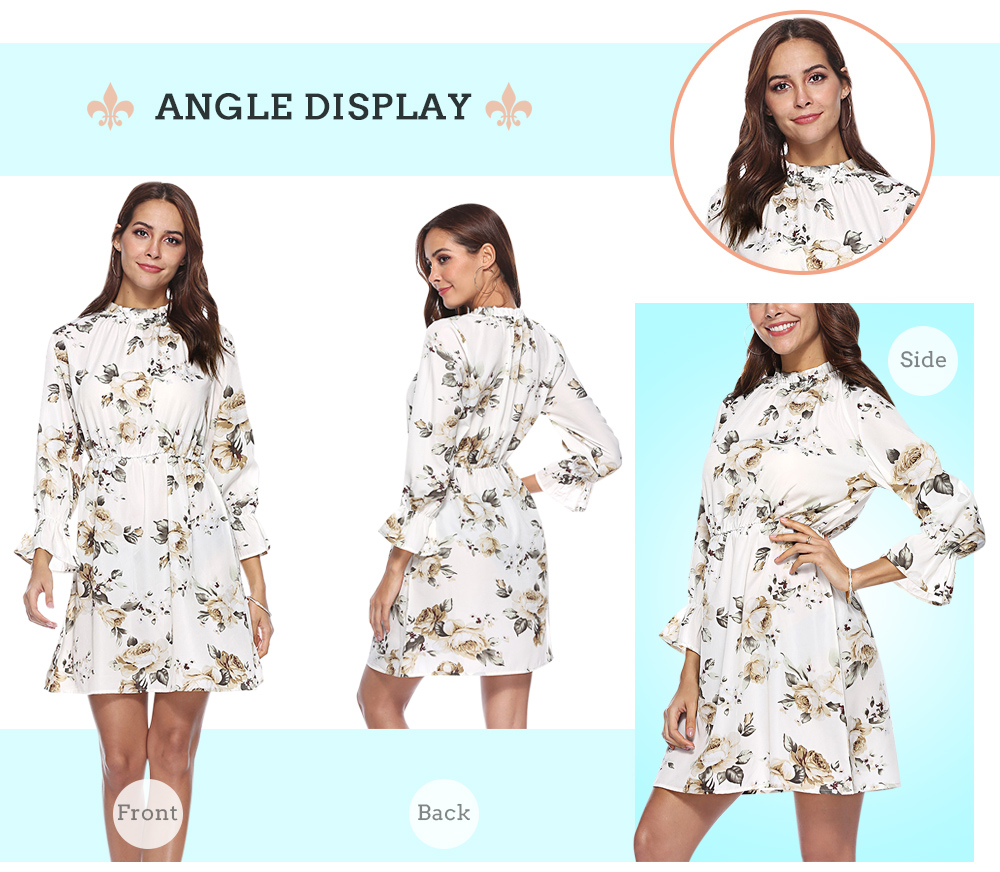 Stand Collar 3/4 Bell Sleeve Floral Print Waisted Women Dress