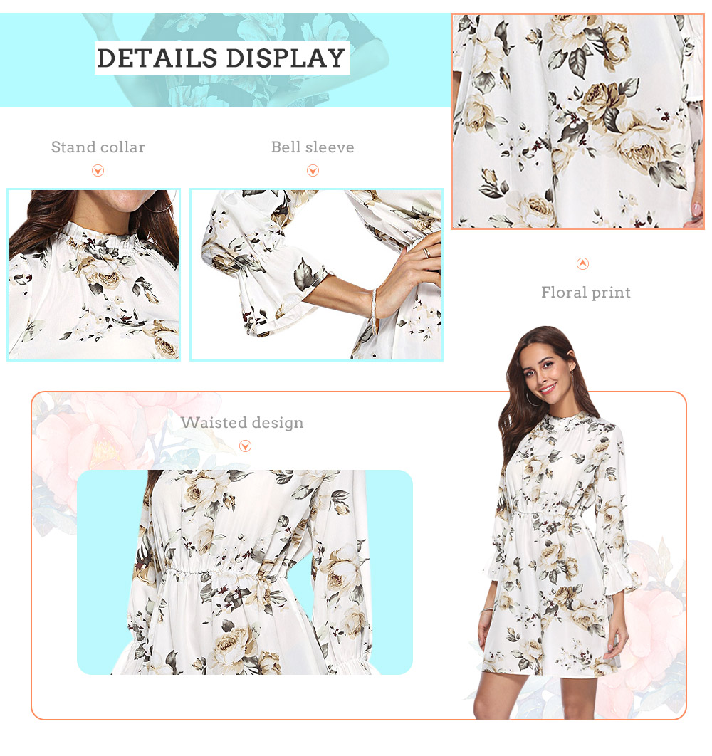 Stand Collar 3/4 Bell Sleeve Floral Print Waisted Women Dress