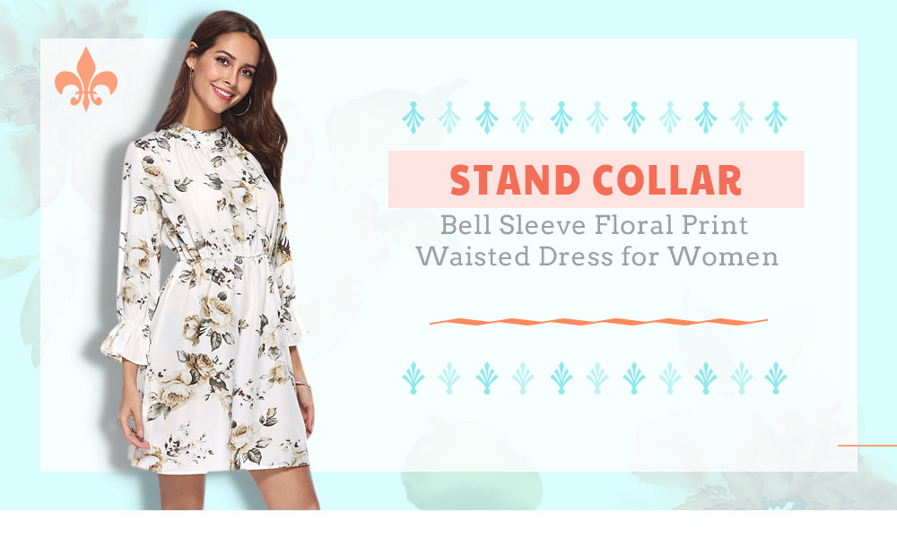 Stand Collar 3/4 Bell Sleeve Floral Print Waisted Women Dress