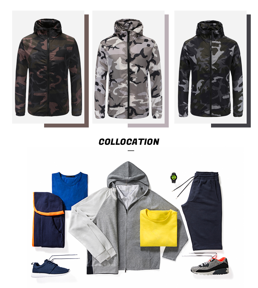 Long Sleeve Print Hooded Pocket Outdoor Polyester Men Jacket