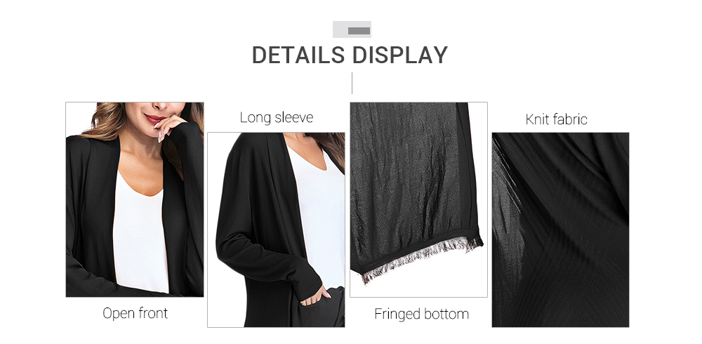 Collarless Open Front Long Sleeve Fringed Solid Color Knit Women Cardigan