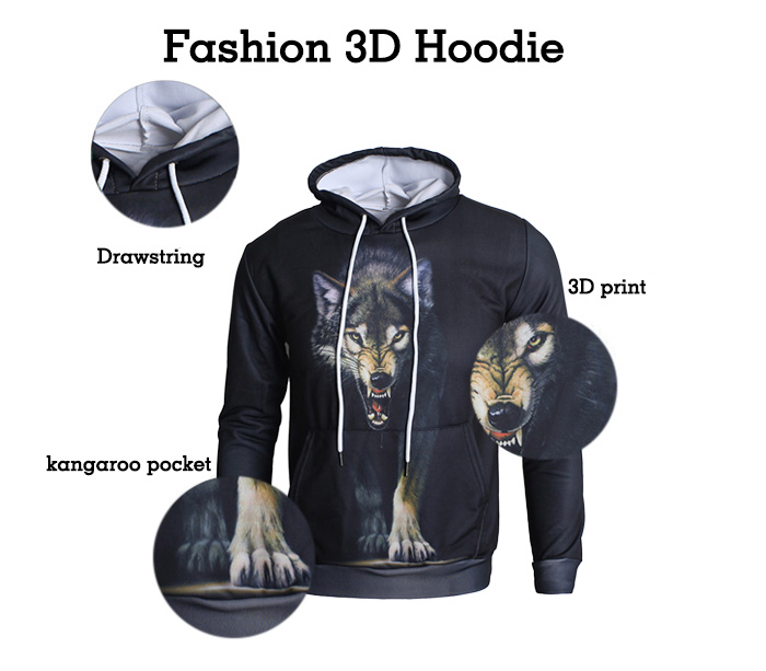 3D Walking Wolf Print Pullover Hoodie