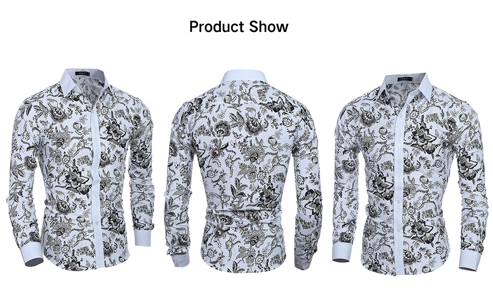 Men Stylish Turn Down Collar Long Sleeve Shirt with Flowers Motifs