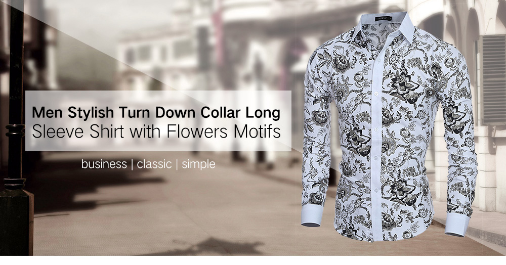 Men Stylish Turn Down Collar Long Sleeve Shirt with Flowers Motifs