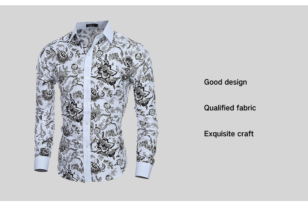 Men Stylish Turn Down Collar Long Sleeve Shirt with Flowers Motifs