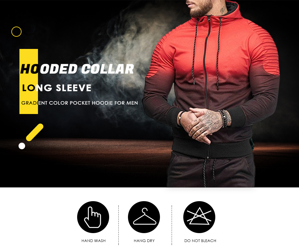 Hooded Collar Long Sleeve Gradient Color Pocket Men Sport Hoodie