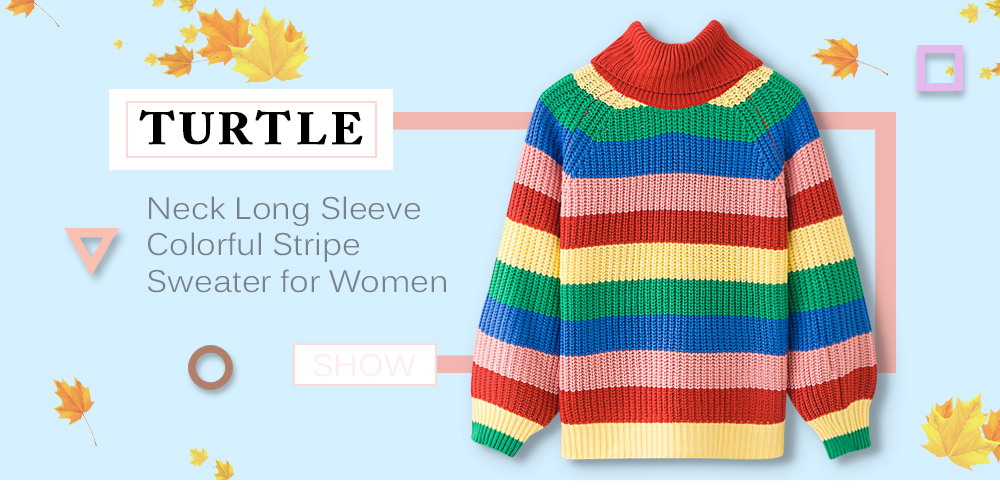 Turtle Neck Long Sleeve Colorful Stripe Women Pullover Sweater