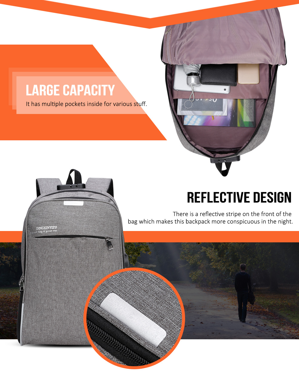 DINGXINYIZU USB Charging Bag Night Reflection Anti-theft Backpack
