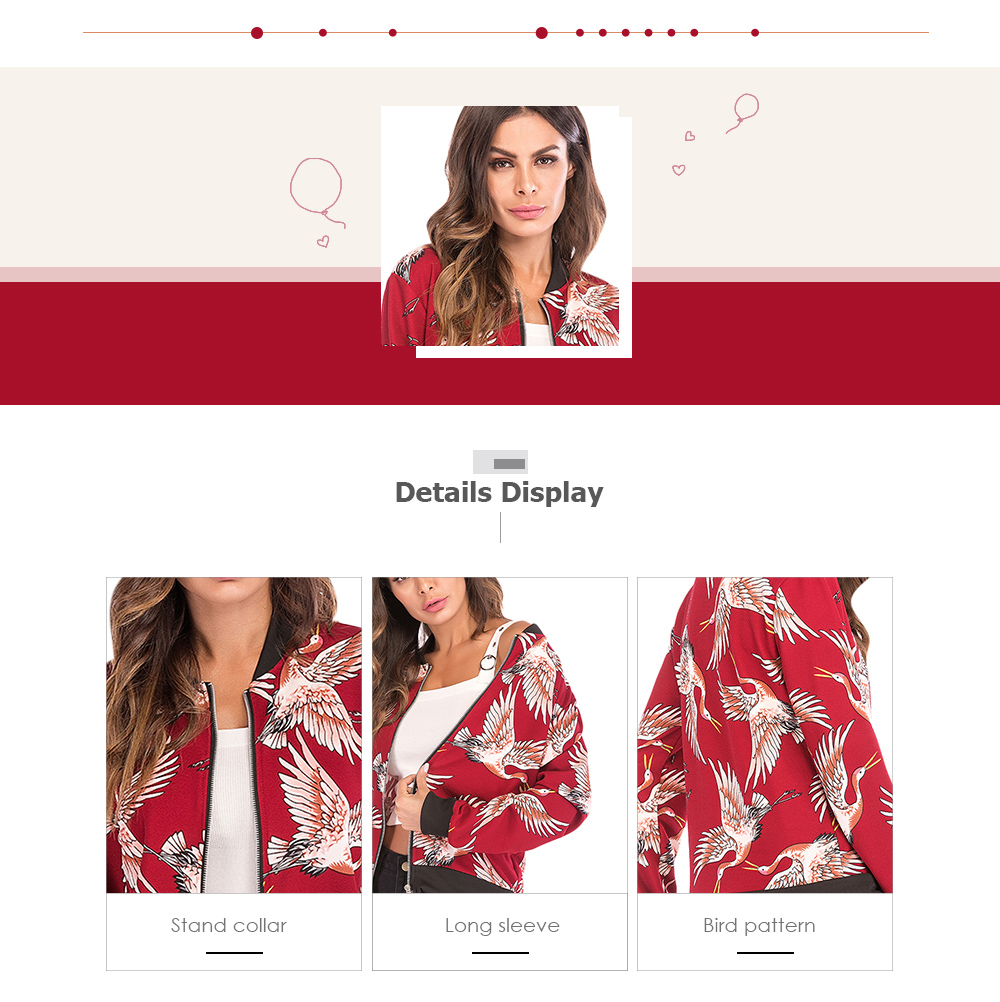 Stand Collar Long Sleeve Bird Print Pocket Women Jacket