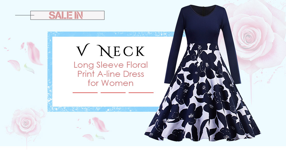 V Neck Long Sleeve Floral Print A-line Women Dress