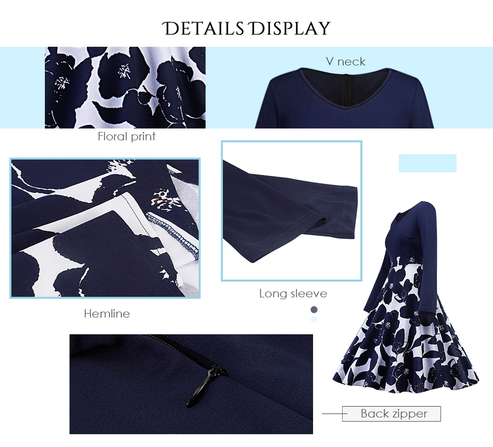 V Neck Long Sleeve Floral Print A-line Women Dress