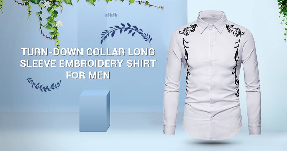 Turn-down Collar Long Sleeve Embroidery Button Slim Men Shirt