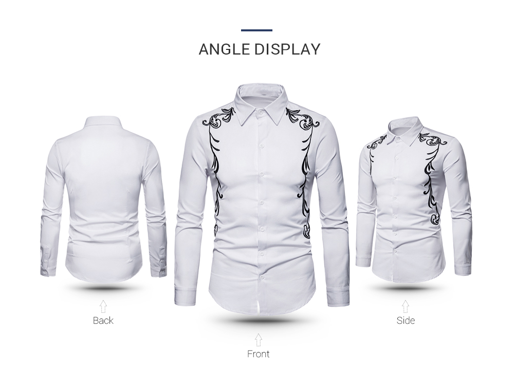 Turn-down Collar Long Sleeve Embroidery Button Slim Men Shirt