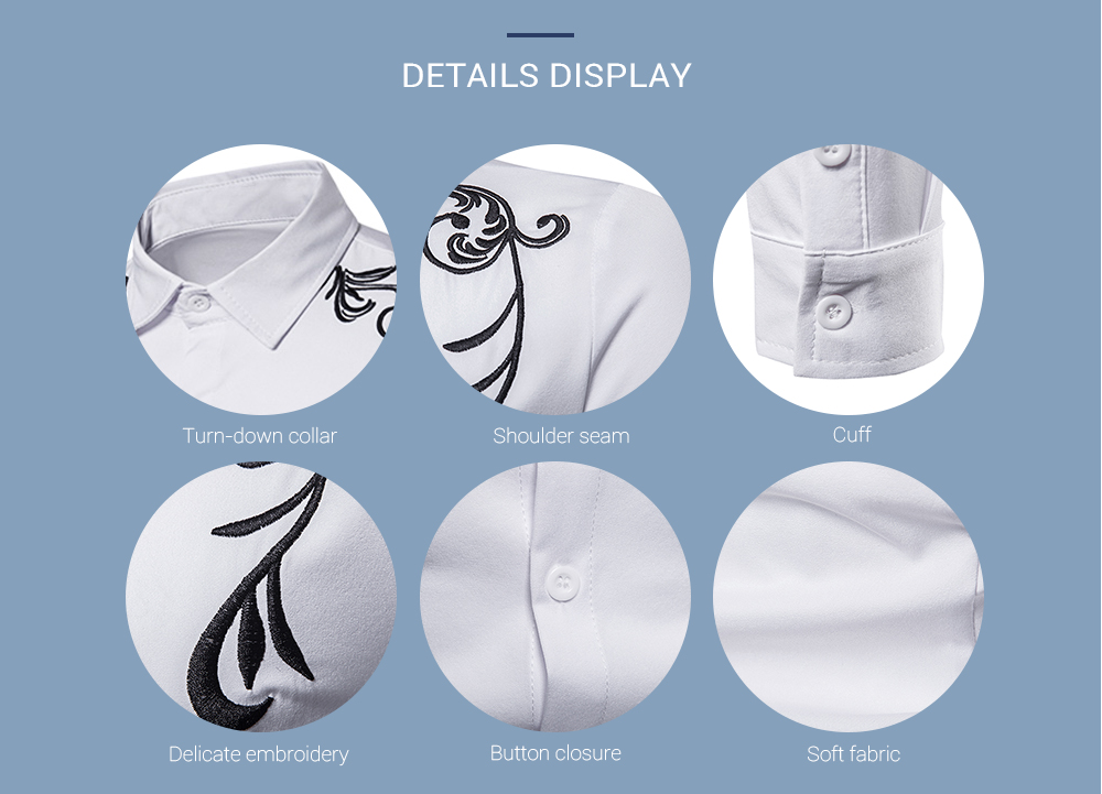 Turn-down Collar Long Sleeve Embroidery Button Slim Men Shirt