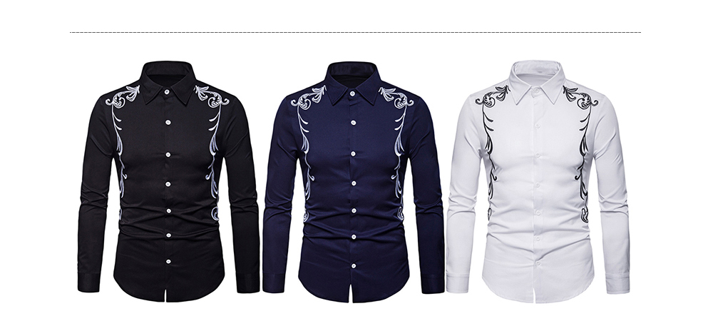 Turn-down Collar Long Sleeve Embroidery Button Slim Men Shirt