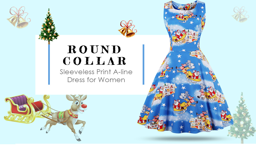 Round Collar Sleeveless Santa Claus Elk Print A-line Women Dress