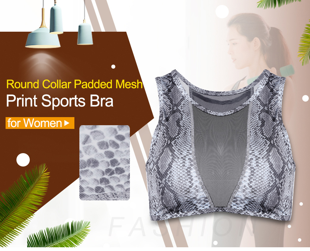 Round Collar Padded Spliced Mesh Snakeskin Print Crop Top Women Sports Bra