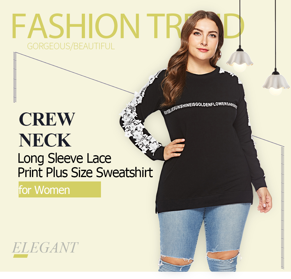 Crew Neck Long Sleeve Spliced Lace Print Slit Plus Size Women Sweatshirt