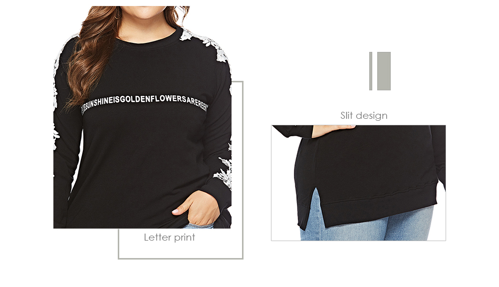 Crew Neck Long Sleeve Spliced Lace Print Slit Plus Size Women Sweatshirt