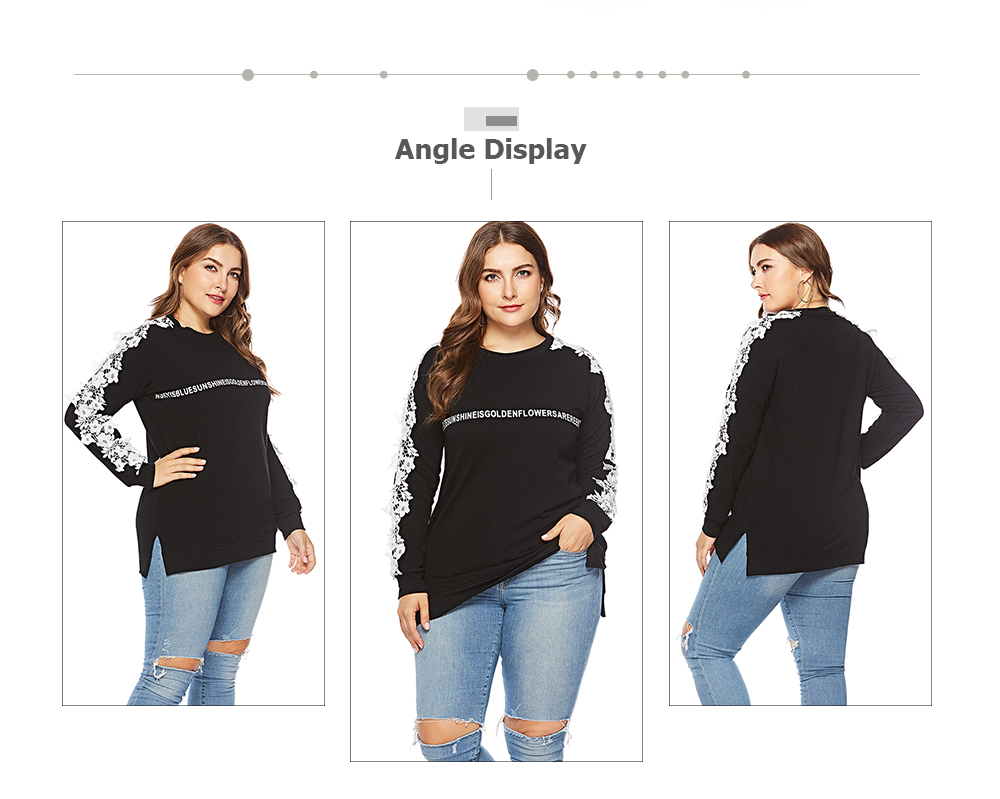 Crew Neck Long Sleeve Spliced Lace Print Slit Plus Size Women Sweatshirt
