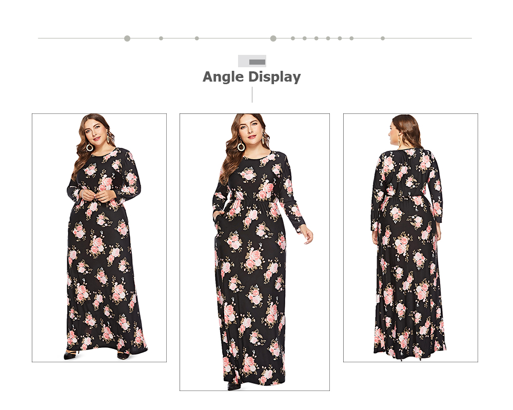 Round Collar Long Sleeve Floral Print Pocket Plus Size Women Dress