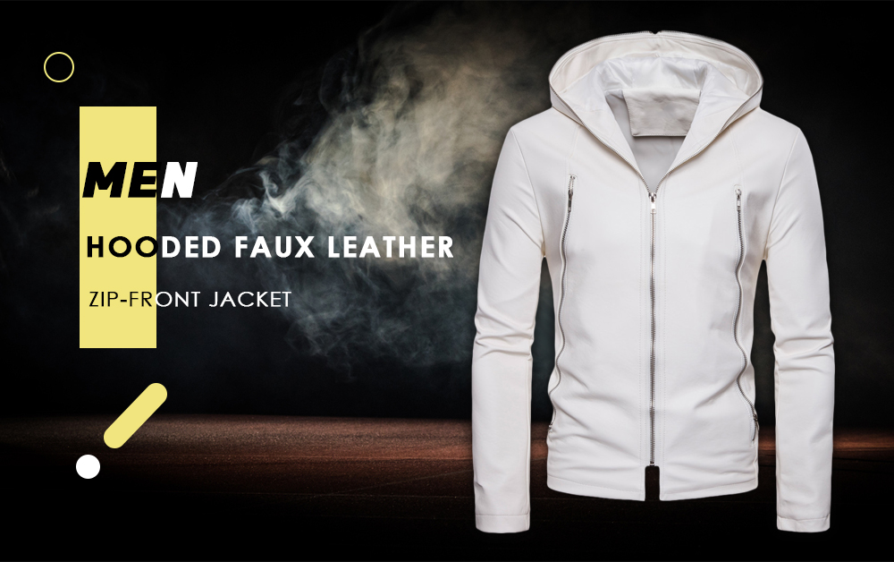 Men Hooded Faux Leather Zip-front Jacket