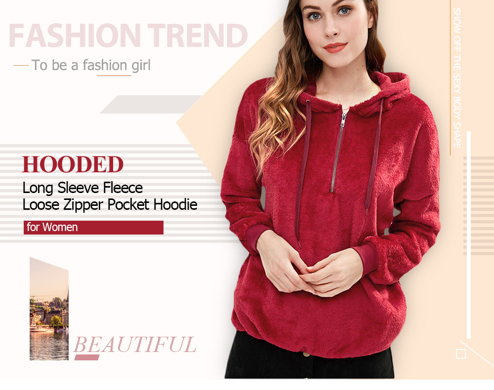 Hooded Long Sleeve Fleece Loose Zipper Pocket Solid Color Women Hoodie