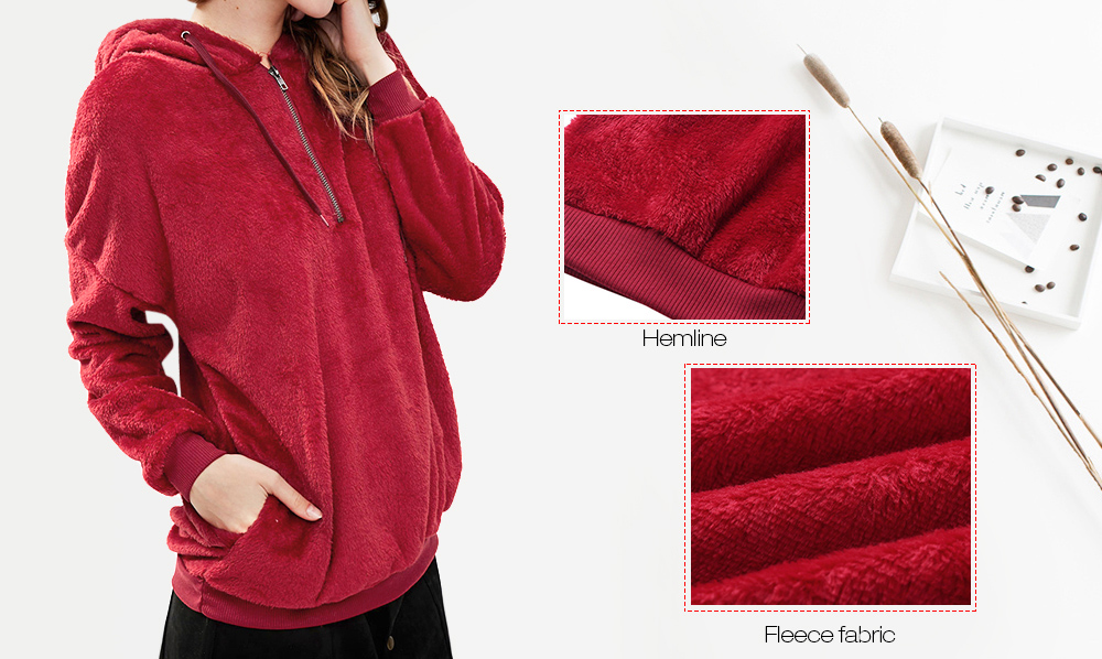 Hooded Long Sleeve Fleece Loose Zipper Pocket Solid Color Women Hoodie