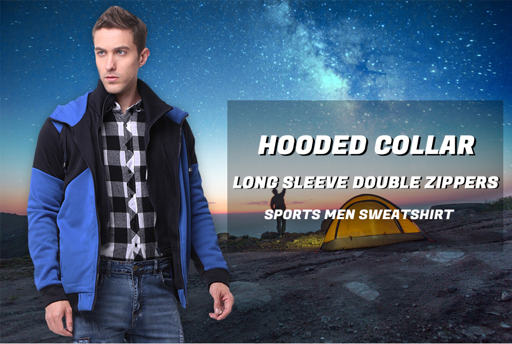 Hooded Collar Long Sleeve Double Zippers Sports Men Sweatshirt