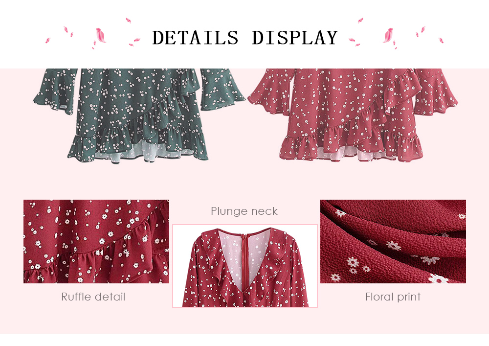 Plunge Neck Long Bell Sleeve Ruffle Floral Print Women Mini Dress