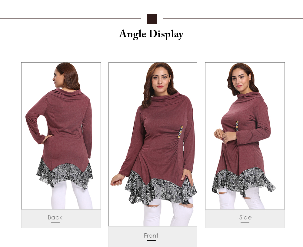 Funnel Collar Long Sleeve Spliced Lace Asymmetric Plus Size Women T-shirt