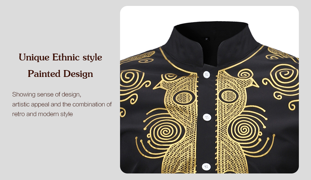 Trendy Ethnic Style Print Stand Collar Long Sleeve Shirt for Men