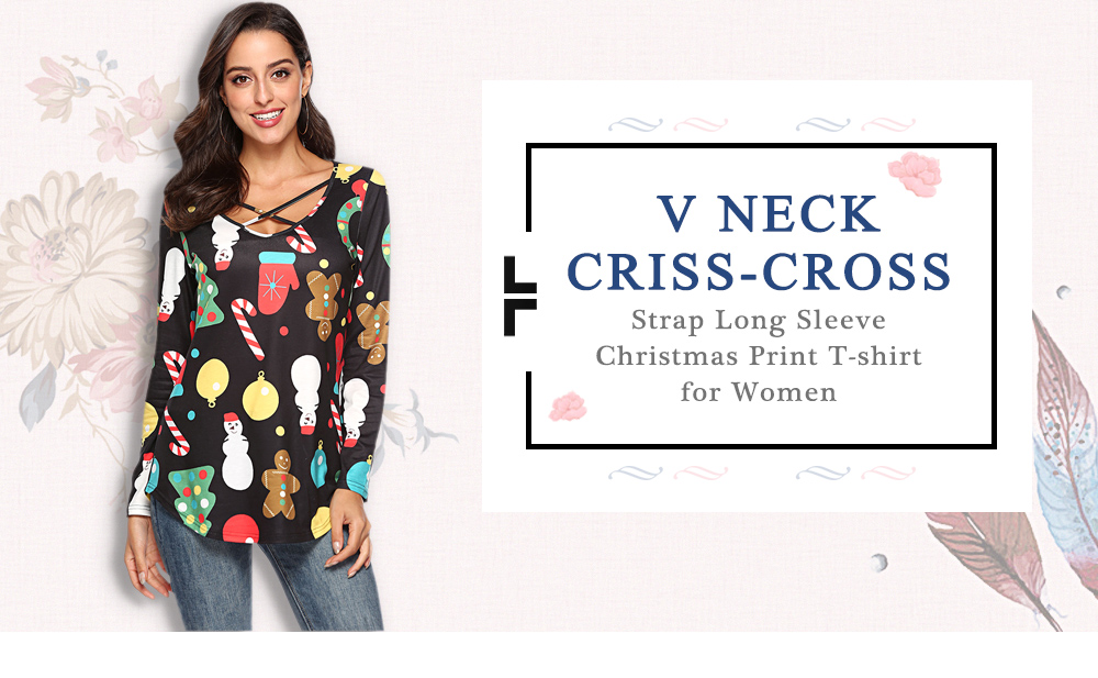 V Neck Criss-cross Strap Long Sleeve Snowman Christmas Print Women T-shirt