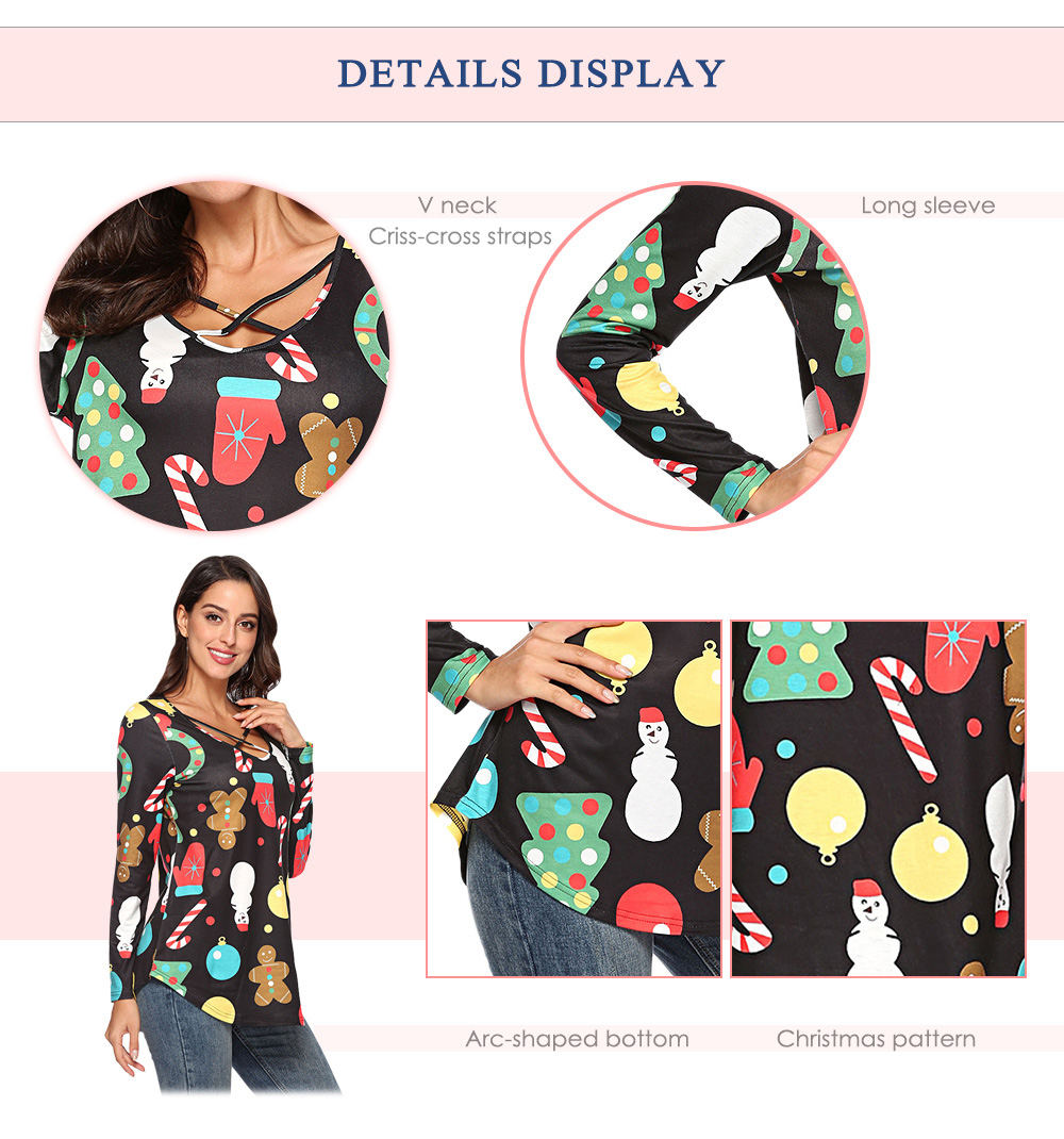 V Neck Criss-cross Strap Long Sleeve Snowman Christmas Print Women T-shirt