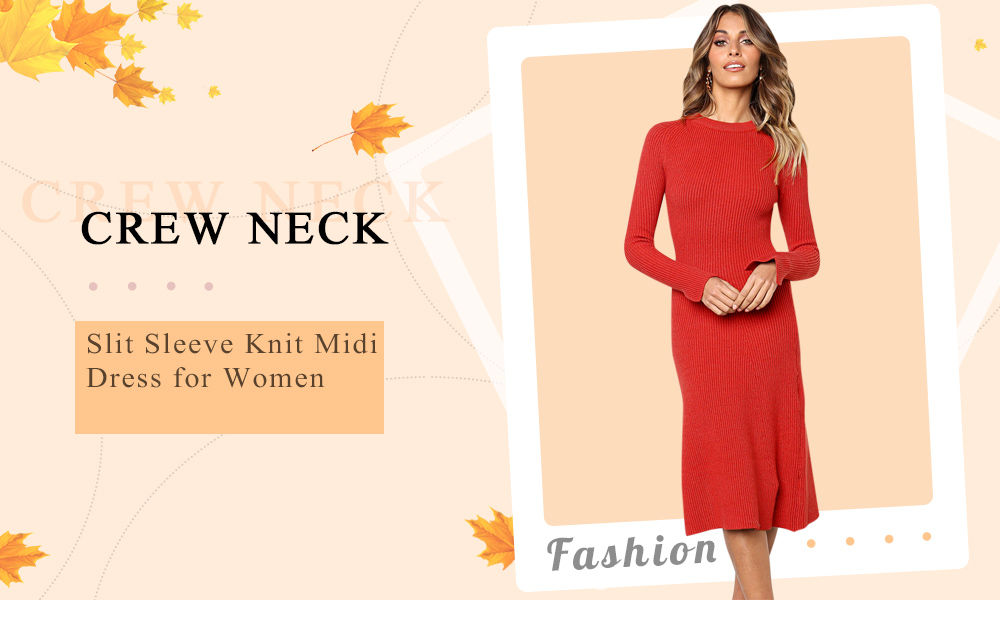 Crew Neck Long Slit Sleeve Solid Color Knit Bodycon Women Midi Dress