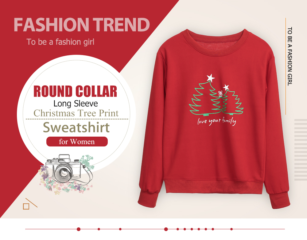 Round Collar Long Sleeve Christmas Tree Print Women Pullover Sweatshirt