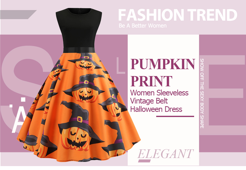 Pumpkin Printing Women Sleeveless Vintage Belt Halloween Female Dress