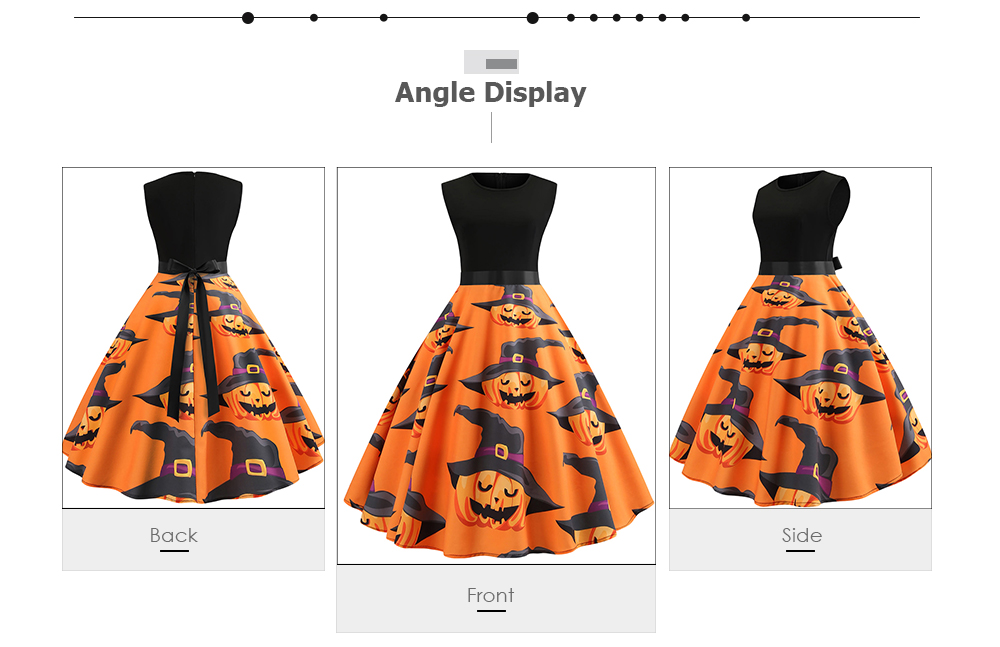 Pumpkin Printing Women Sleeveless Vintage Belt Halloween Female Dress