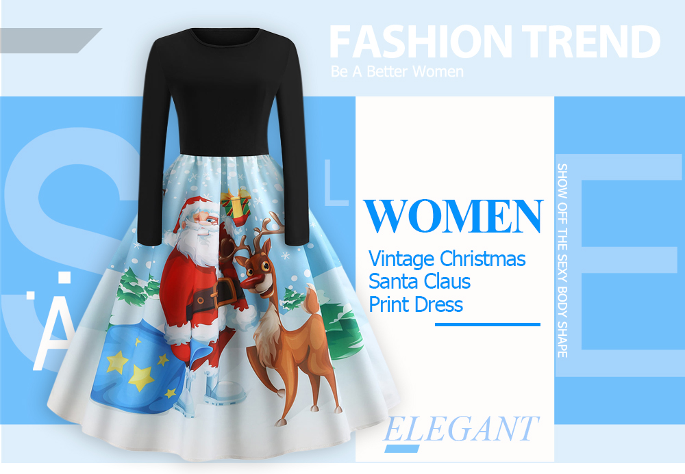 Women Vintage Christmas Party Santa Claus Print A Line Full Sleeve Dress