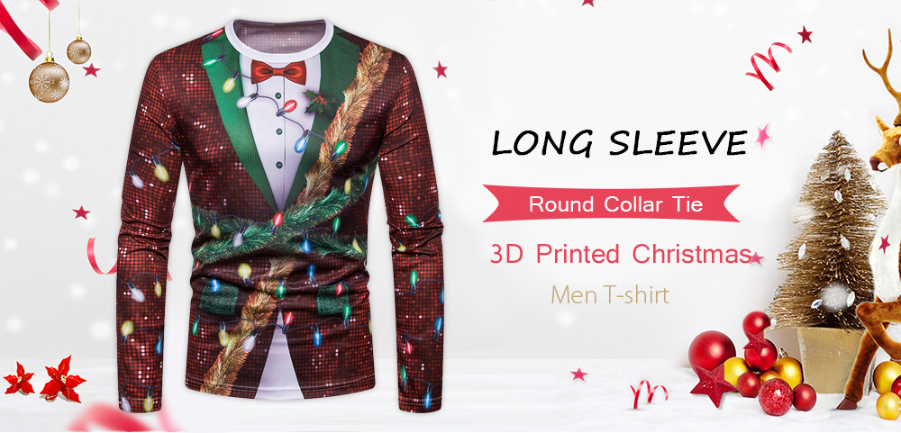 Long Sleeve Round Collar Tie 3D Printed Christmas Men T-shirt