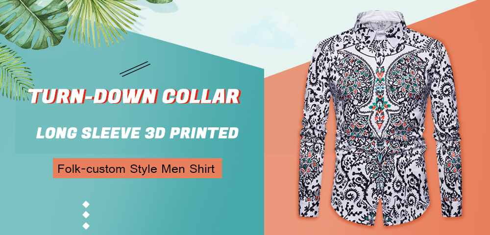 Turn-down Collar Long Sleeve 3D Printed Folk-custom Style Men Shirt