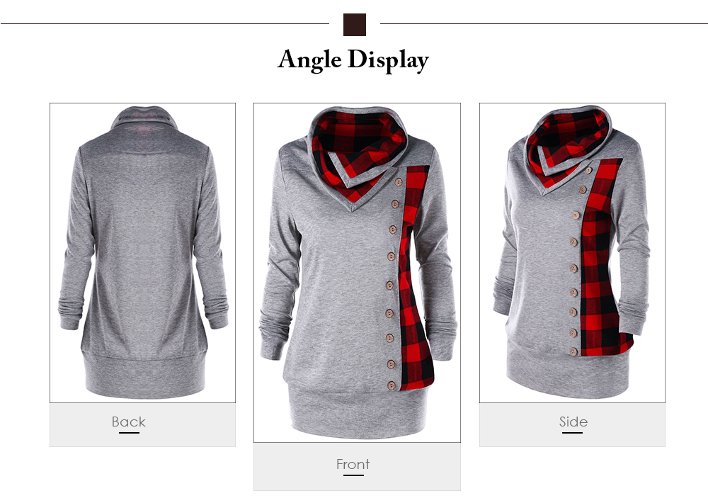 Turtleneck Long Sleeve Checkered Print Button Plus Size Women Sweatshirt