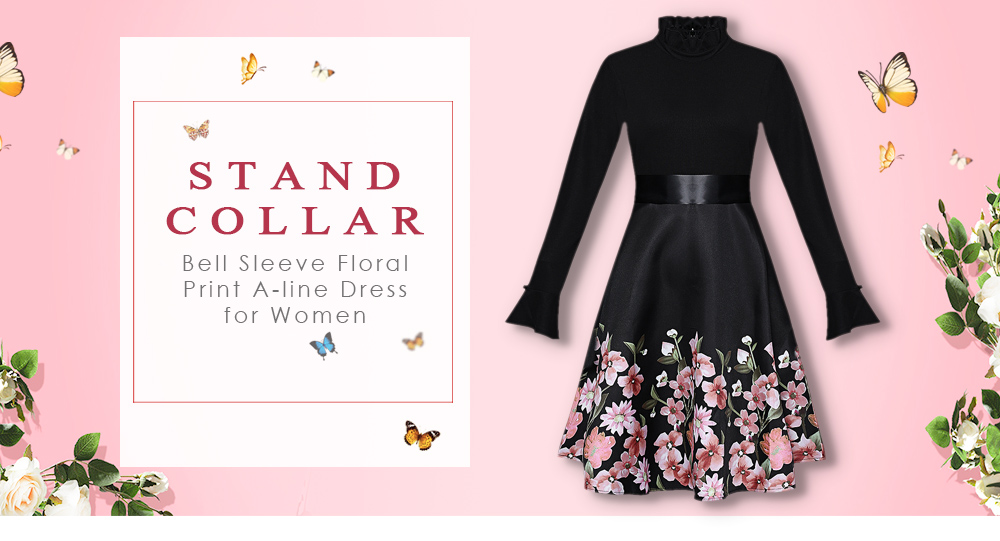 Stand Collar Ruffle Long Bell Sleeve Floral Print Belted A-line Women Dress