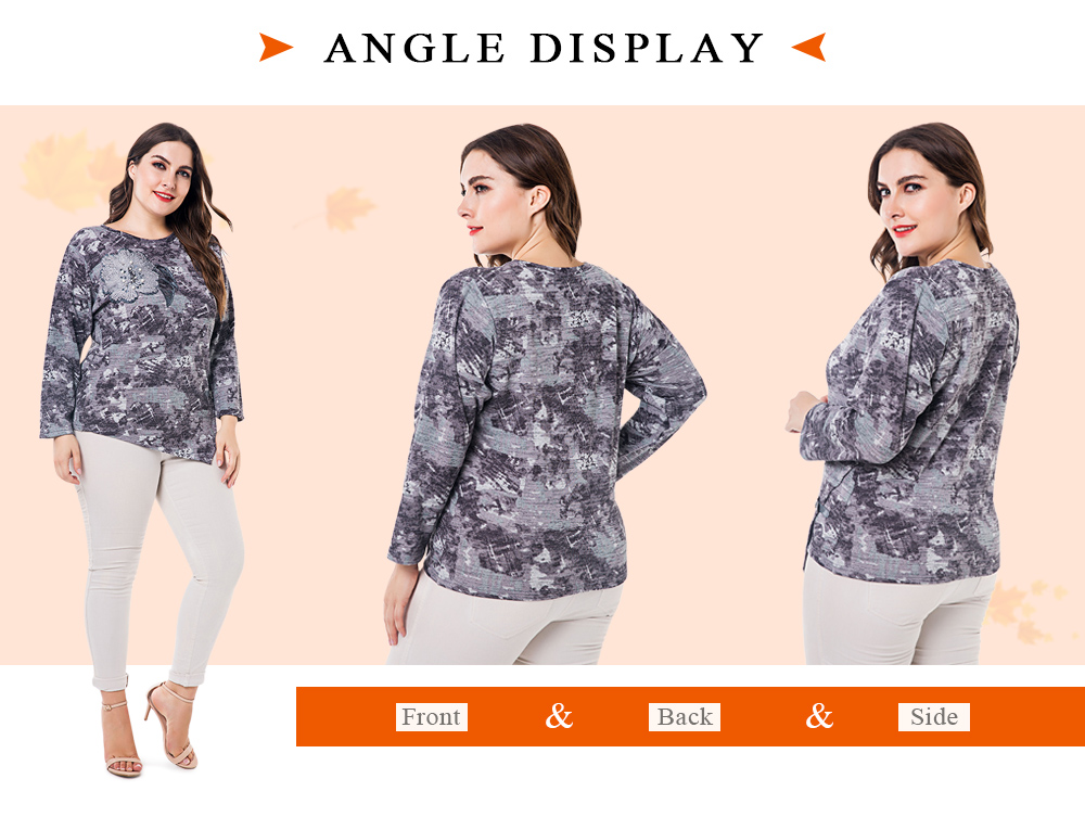 Round Collar Long Sleeve Floral Print Beaded Asymmetric Plus Size Women T-shirt